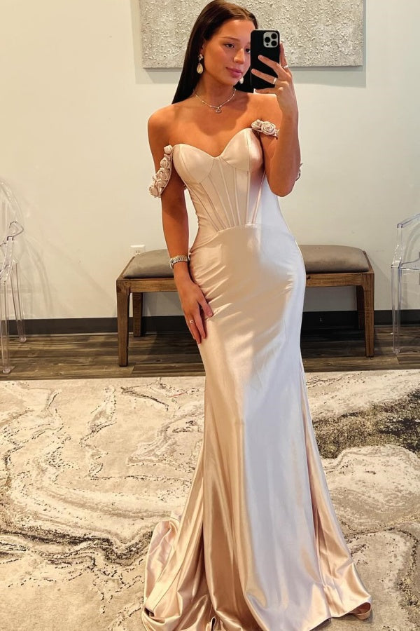 Mermaid Off Shoulder Flowers Pleated Prom Party Dress WU1320