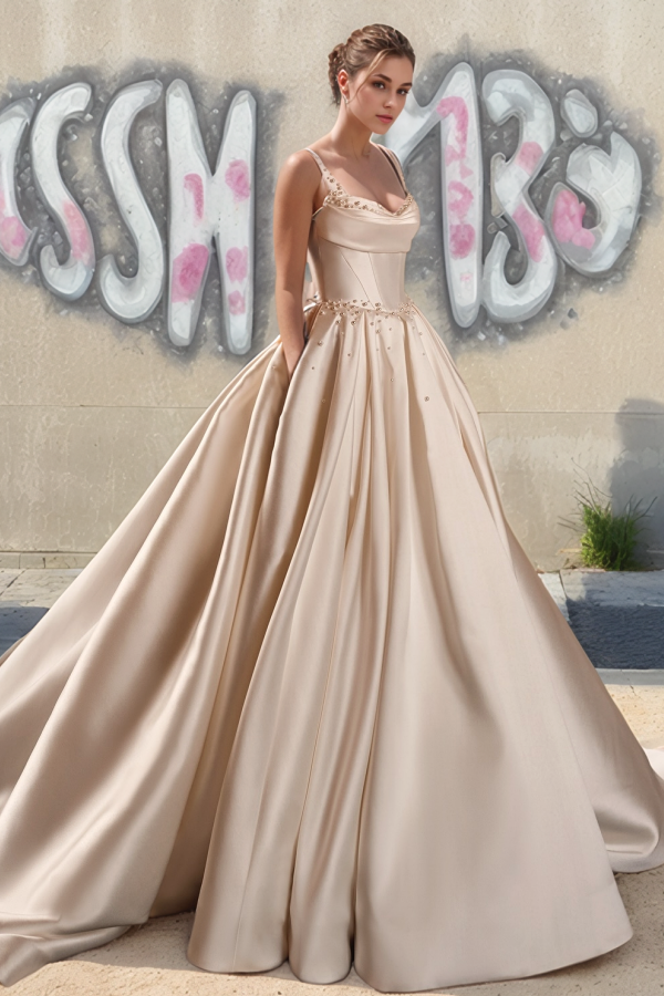 A-Line Sweetheatd Neck Straps Beaded Satin Wedding Dress WW1015