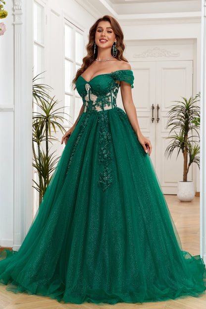 WQ1265 - Glamorous & Glitter Ball Gown Off Shoulder Sleeveless Flower Beaded Appliques Dark Green Tulle Formal Evening Party Gown Quinceanera Dress for Sweet 16