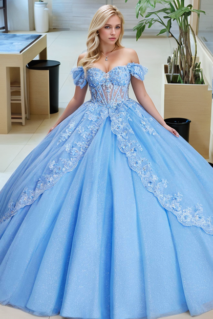 Robes longues de Quinceanera pour femmes, Corset sans bretelles avec appliques florales, robe de bal en Tulle perlé