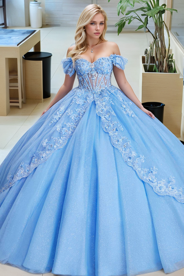Langes Quinceanera-Kleid mit Herzausschnitt für Damen, trägerloses Korsett mit Blumenapplikationen, Perlenbesetztes Tüll-Ballkleid 