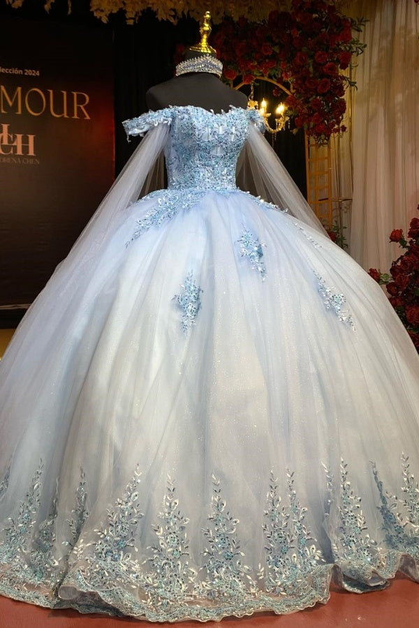 Langes Quinceanera-Kleid mit Herzausschnitt für Damen, trägerloses Korsett mit Blumenapplikationen, Perlenbesetztes Tüll-Ballkleid 