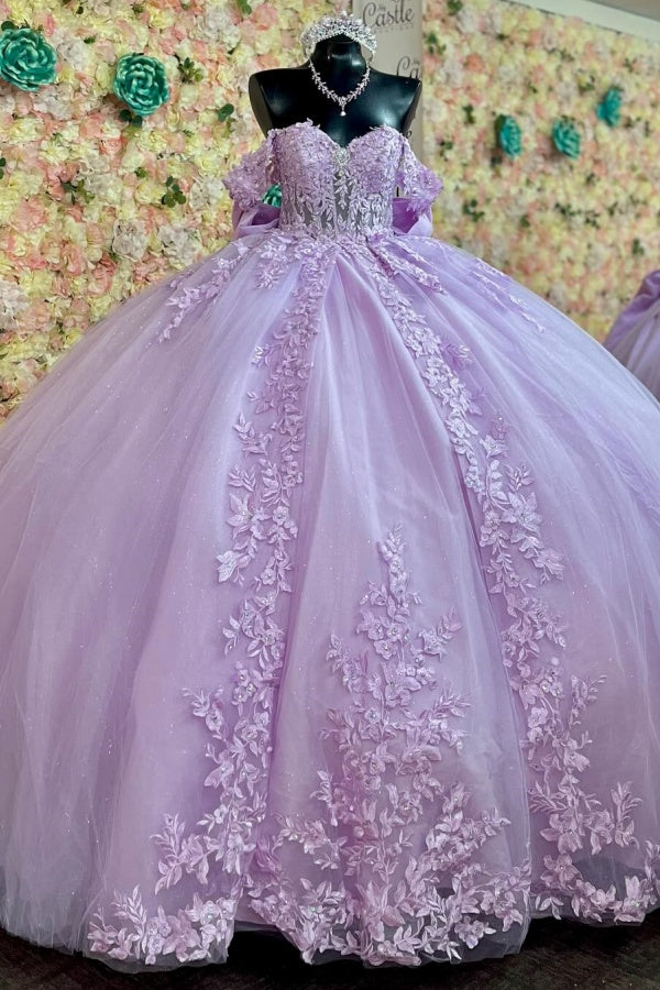 Langes Quinceanera-Kleid mit Herzausschnitt für Damen, trägerloses Korsett mit Blumenapplikationen, Perlenbesetztes Tüll-Ballkleid 