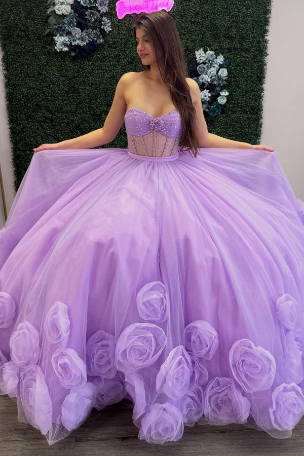 Langes Quinceanera-Kleid mit Herzausschnitt für Damen, trägerloses Korsett mit Blumenapplikationen, Perlenbesetztes Tüll-Ballkleid 