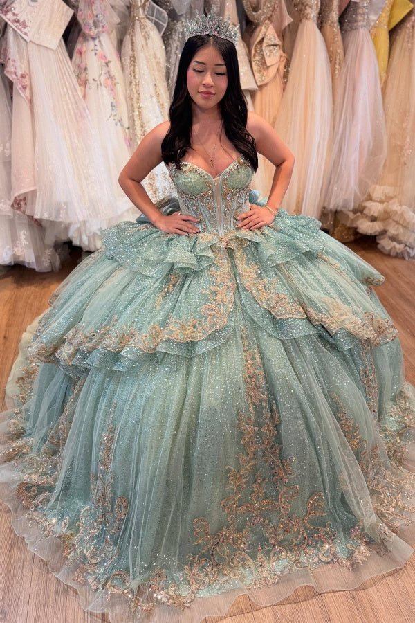 Strapless Sleeveless Beaded Gold Appliques Bow Knot Mint Green Quinceanera Dress WQ1485