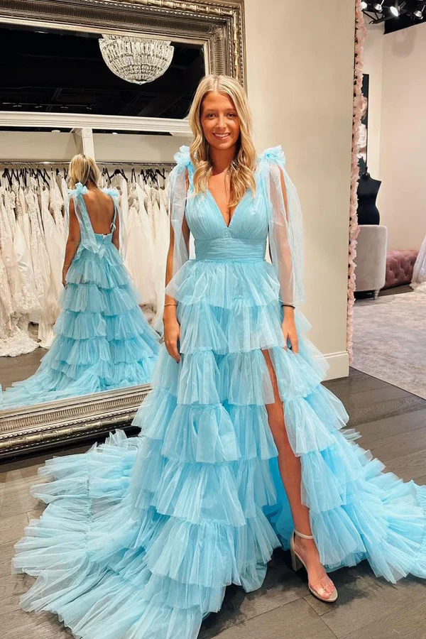 WU1007 - Elegant & Classic A-Line V Neck Straps Sleeveless Open Back Tiered Floor Length Sky Blue Prom Dress with High Side Slit and Train