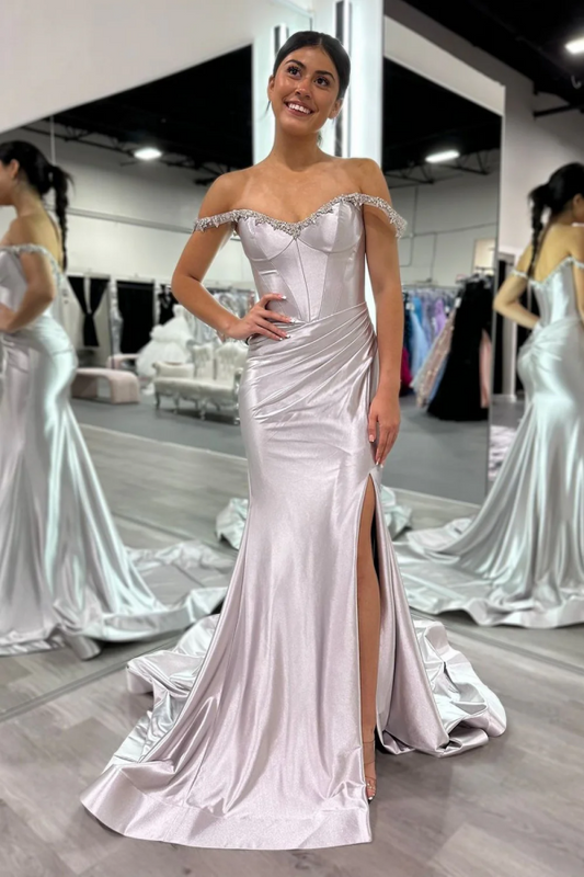 WU1040 - Casual & Simple Sheath Off Shoulder Sleeveless Crystal Beaded Pleated Side Slit and Train Floor Length Prom Party Dress Semi-Formal Evening Dress