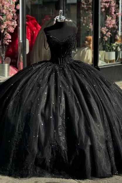 WQ1285 - Sparkly Ball Gown Sweetheart Neck Beaded Sequins Appliques Lace Up Bow Knot Sweep Train Black Tulle Quinceanera Dress Formal Evening Party Gown for Sweet 16