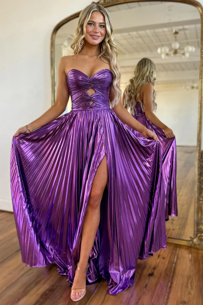 WU1115 - Gorgeous & Casual A-Line Strapless Sleeveless Party Prom Dress Pleated Floor Length High Side Slit Evening Gown