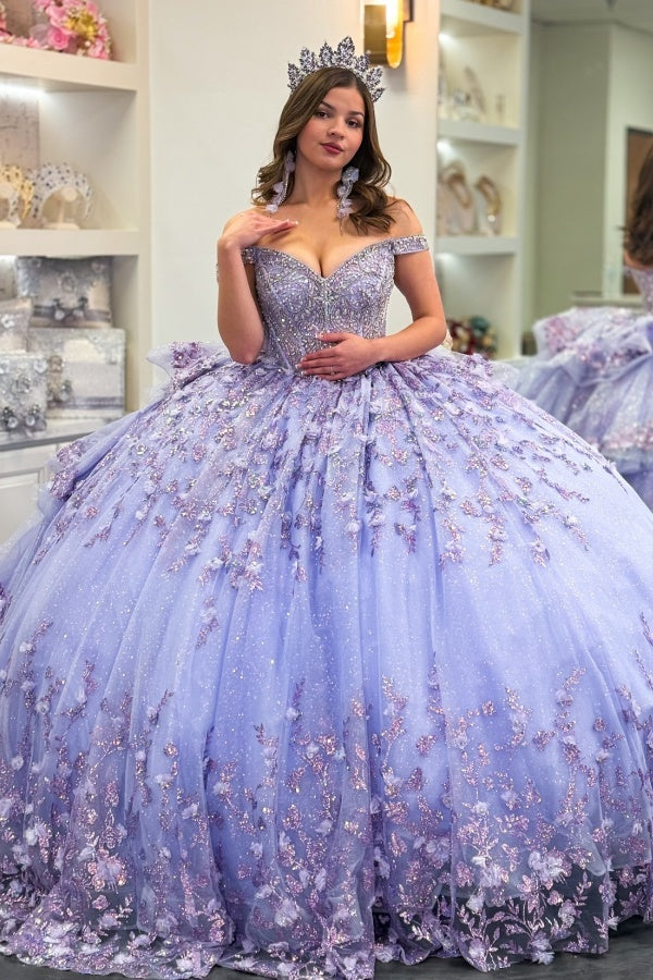 Langes Quinceanera-Kleid mit Herzausschnitt für Damen, trägerloses Korsett mit Blumenapplikationen, Perlenbesetztes Tüll-Ballkleid 