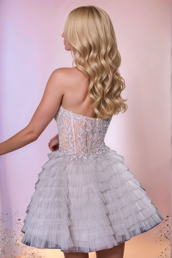 WH1015 - Sexy A-Line Low V Neck Sleeveless Appliques Tulle Tiered Back Zipper Homecoming Dress