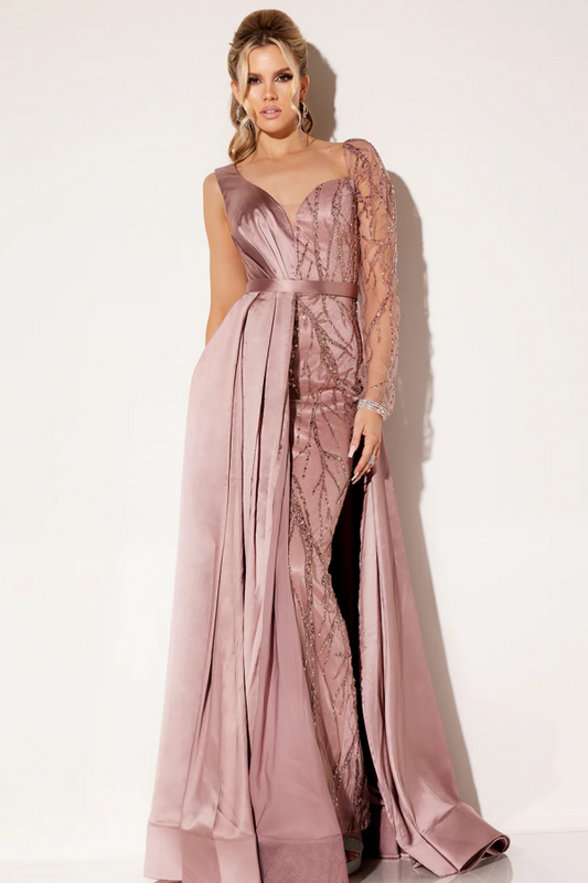 WU1085 - Elegant & Glamours Dusty Pink Sheath V Neck Long Sleeves Back Zipper Formal Prom Dress Tulle Sequins Beaded Evening Party Dress Wedding Guest Gown