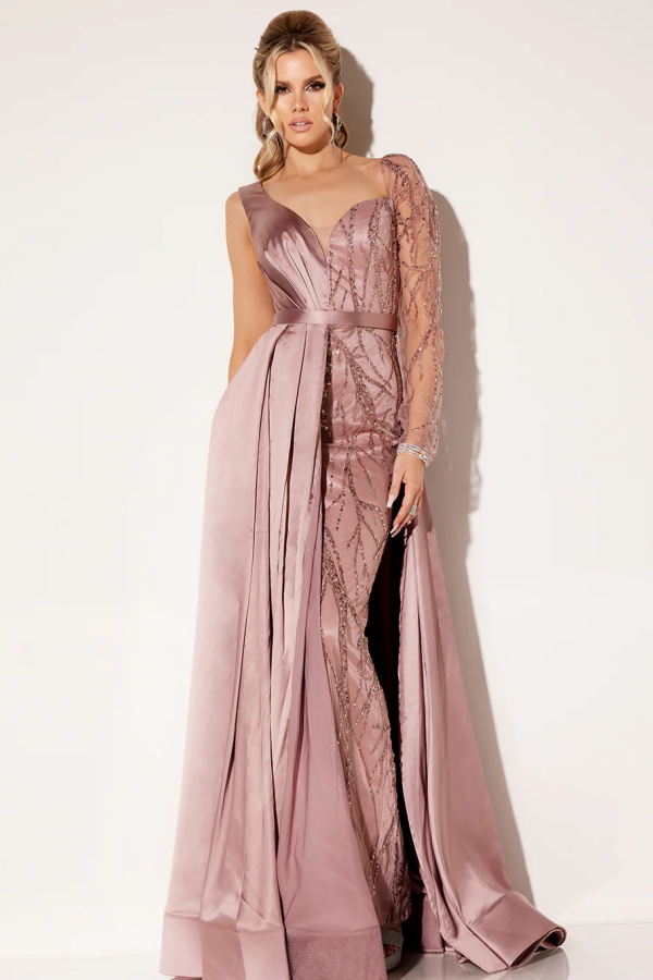 Dusty Pink Sheath V Neck Long Sleeves Sequins Appliques Prom Dress WU1085