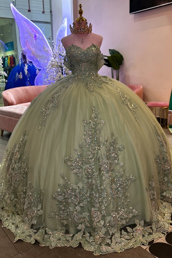 Off Shoulder Sleeveless Beaded Sequins Appliques Green Quinceañera Dresses for Sweet 16 WQ1420