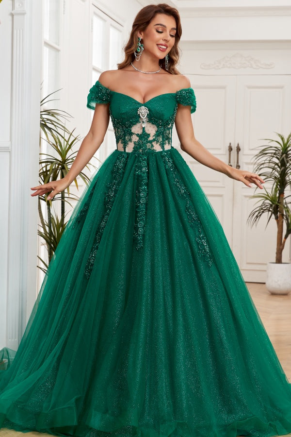 WQ1265 - Glamorous & Glitter Ball Gown Off Shoulder Sleeveless Flower Beaded Appliques Dark Green Tulle Formal Evening Party Gown Quinceanera Dress for Sweet 16