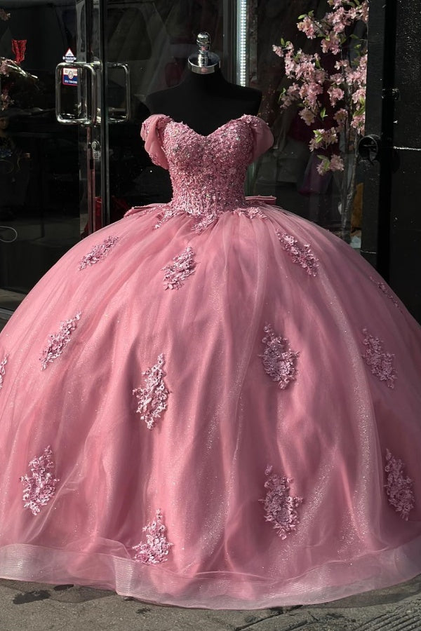 Langes Quinceanera-Kleid mit Herzausschnitt für Damen, trägerloses Korsett mit Blumenapplikationen, Perlenbesetztes Tüll-Ballkleid 