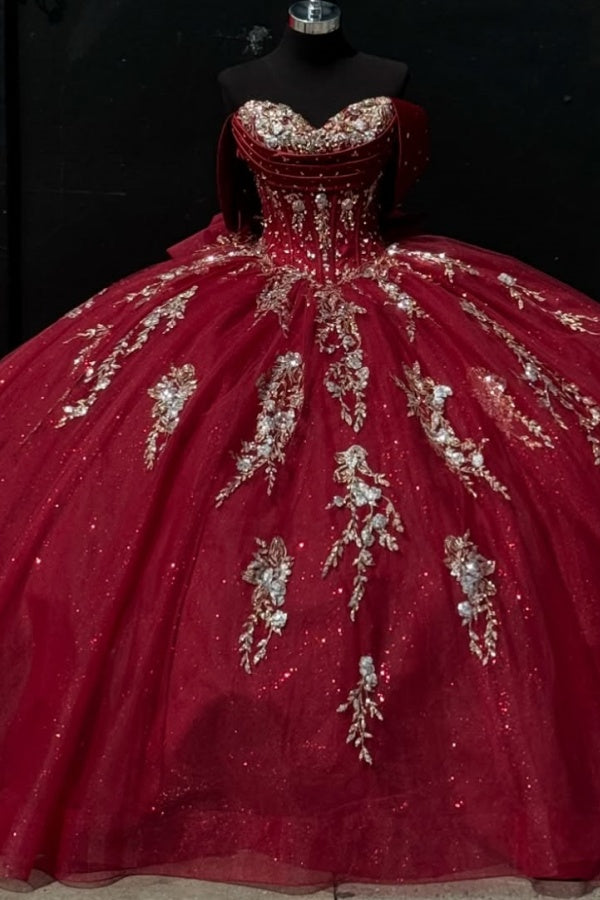 Sweet 16 Off Shoulder Sleeveless Sequins Appliques Bow Knot Burgundy Quinceañera Dresses WQ1396