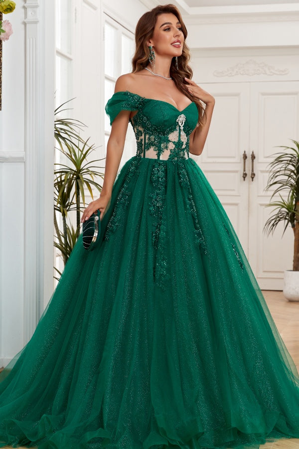 WQ1265 - Glamorous & Glitter Ball Gown Off Shoulder Sleeveless Flower Beaded Appliques Dark Green Tulle Formal Evening Party Gown Quinceanera Dress for Sweet 16