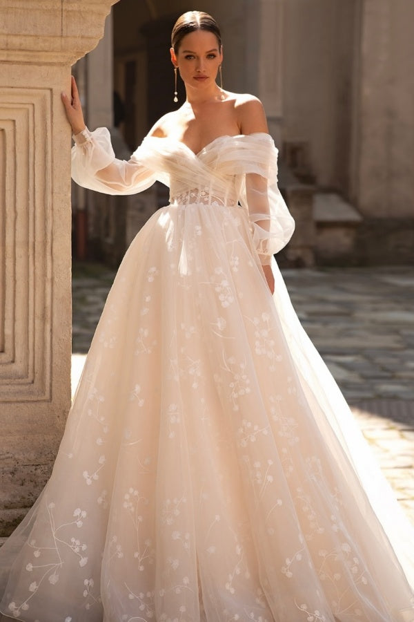 A-Line Off Shoulder Long Lantern Sleeves Appliques Beach Wedding Dress WW1073