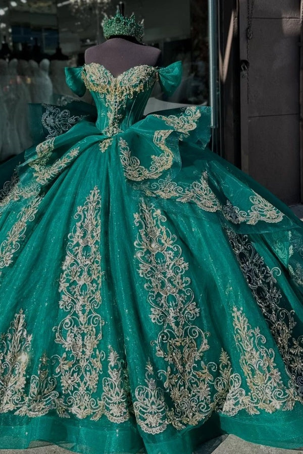 Off Shoulder Sleeveless Beaded Gold Appliques Dark Green Quinceanera Dress for Sweet 16 WQ1371