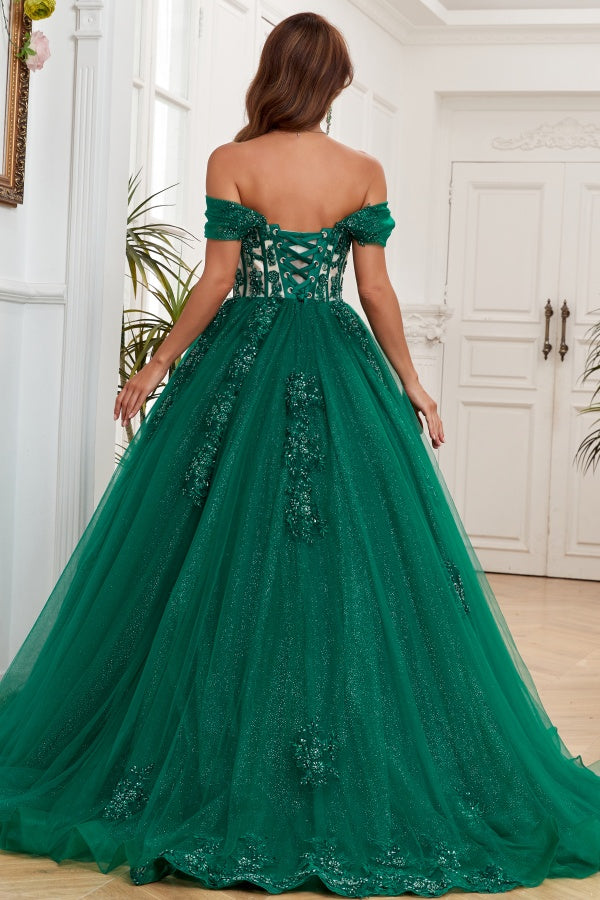 WQ1265 - Glamorous & Glitter Ball Gown Off Shoulder Sleeveless Flower Beaded Appliques Dark Green Tulle Formal Evening Party Gown Quinceanera Dress for Sweet 16