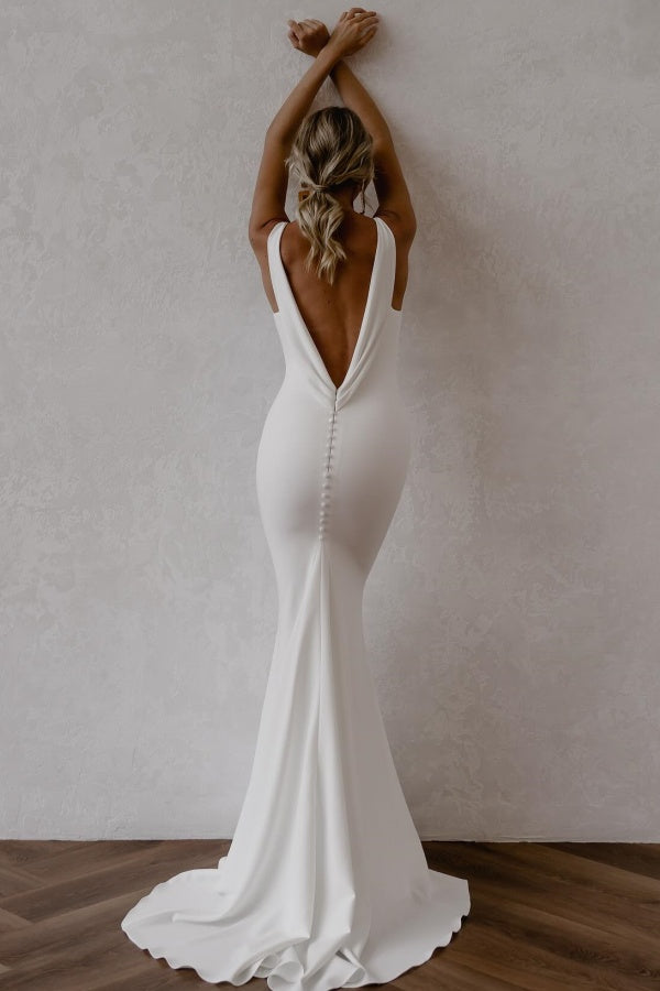Mermaid V Neck Spaghetti Straps Backless Satin Wedding Dress WW1063
