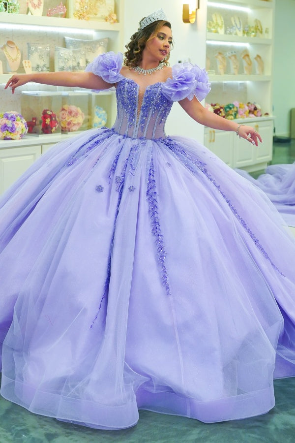Langes Quinceanera-Kleid mit Herzausschnitt für Damen, trägerloses Korsett mit Blumenapplikationen, Perlenbesetztes Tüll-Ballkleid 