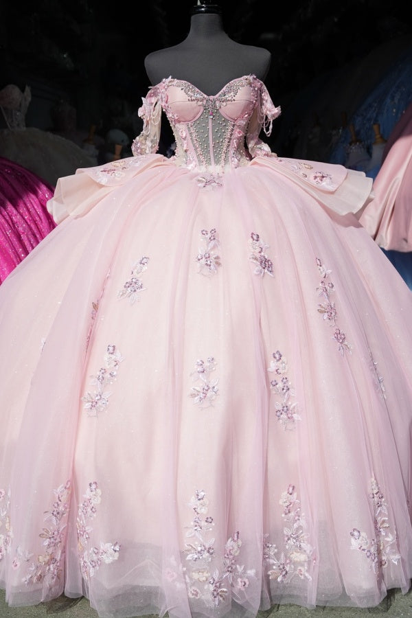 Off Shoulder Sleeveless Beaded Crystal Appliques Pink Sweet 15 Quinceanera Dress WQ1365