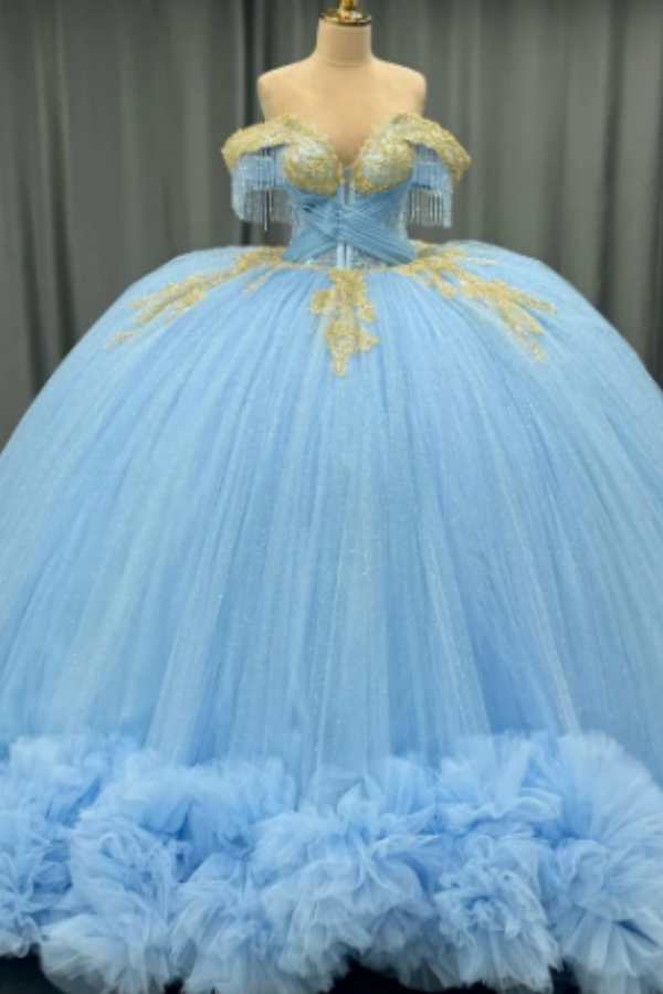 Langes Quinceanera-Kleid mit Herzausschnitt für Damen, trägerloses Korsett mit Blumenapplikationen, Perlenbesetztes Tüll-Ballkleid 