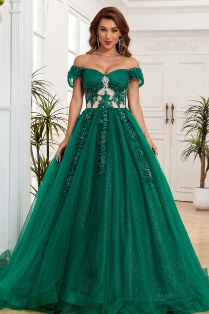 WQ1265 - Glamorous & Glitter Ball Gown Off Shoulder Sleeveless Flower Beaded Appliques Dark Green Tulle Formal Evening Party Gown Quinceanera Dress for Sweet 16