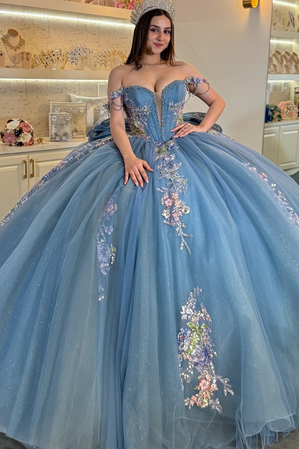 Langes Quinceanera-Kleid mit Herzausschnitt für Damen, trägerloses Korsett mit Blumenapplikationen, Perlenbesetztes Tüll-Ballkleid 