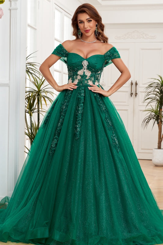 WQ1265 - Glamorous & Glitter Ball Gown Off Shoulder Sleeveless Flower Beaded Appliques Dark Green Tulle Formal Evening Party Gown Quinceanera Dress for Sweet 16