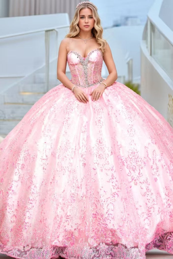 WQ1300 - Bonito y moderno vestido de fiesta con escote corazón, sin mangas, con apliques de lentejuelas y cuentas, de tul rosa, para quinceañeras, para fiesta de cumpleaños de 16 años.