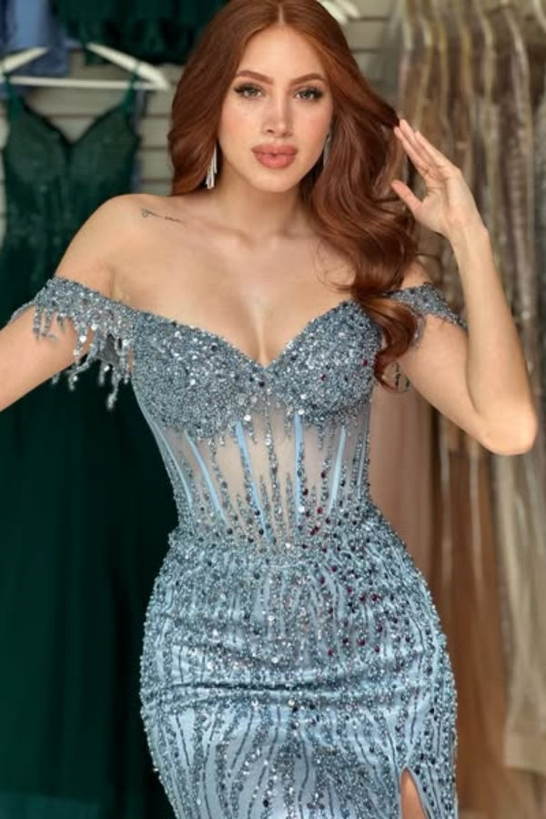 WU1057 - Luxury & Gorgeous Sheath Off Shoulder Sleeveless Fully Sequins Prom Party Dress Tule Pleated Floor Length High Side Slit and Train Evening Gown Cocktail Dress