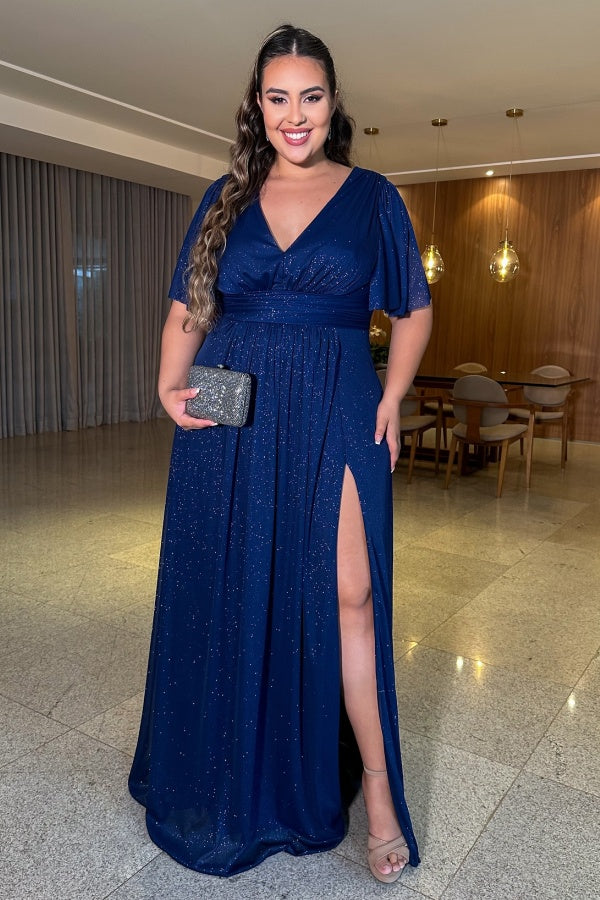 A-Line V Neck Half Sleeves Plus Size High Side Slit and Train Prom Dress WU1479