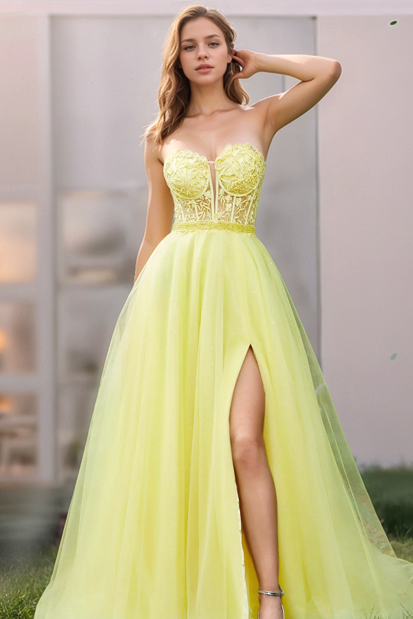 A-Line Appliques High Side Slit Lace Up Prom Dress WU1144