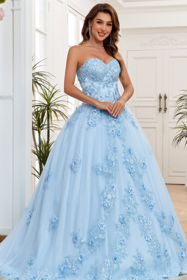 WQ1264 - Chic & Modern Ball Gown Strapless Sleeveless Flower Appliques Lace Up Baby Blue Tulle Formal Evening Party Gown Quinceanera Dress for Sweet 16