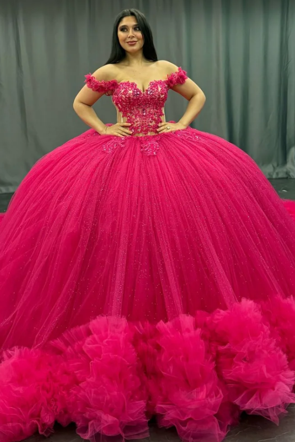Langes Quinceanera-Kleid mit Herzausschnitt für Damen, trägerloses Korsett mit Blumenapplikationen, Perlenbesetztes Tüll-Ballkleid 
