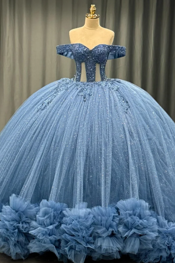 Langes Quinceanera-Kleid mit Herzausschnitt für Damen, trägerloses Korsett mit Blumenapplikationen, Perlenbesetztes Tüll-Ballkleid 