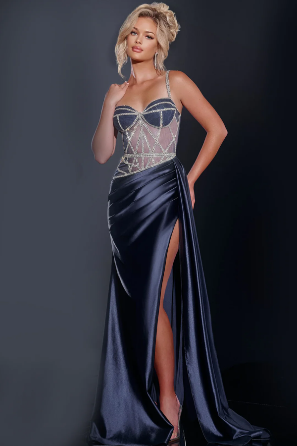 WU1084 - Elegant & Gorgeous Sheath Strapless Spaghetti Straps Back Zipper Formal Prom Dress Crystal Beaded Pleated High Side Slit Evening Dress Wedding Guest Gown