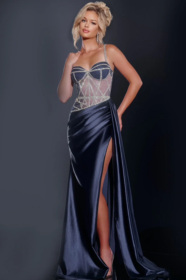 WU1084 - Elegante y hermoso vestido de fiesta formal sin tirantes, con tirantes finos y cremallera en la espalda, plisado, con cuentas de cristal y abertura lateral alta, vestido de noche para invitada de boda.