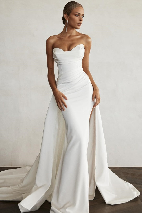 Mermaid Strapless Ruched Satin High Side Slit Wedding Dress WW1062