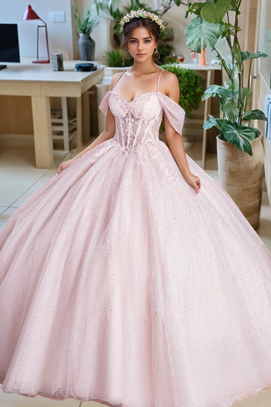 Robes longues de Quinceanera pour femmes, Corset sans bretelles avec appliques florales, robe de bal en Tulle perlé