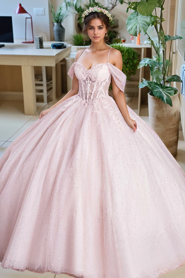 Langes Quinceanera-Kleid mit Herzausschnitt für Damen, trägerloses Korsett mit Blumenapplikationen, Perlenbesetztes Tüll-Ballkleid 