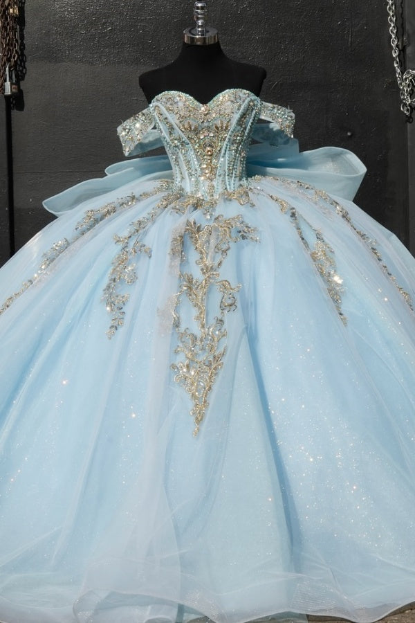 Sweet 16 Off Shoulder Sleeveless Sequins Appliques Bow Knot Blue Quinceañera Dresses WQ1397