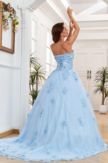 WQ1264 - Chic & Modern Ball Gown Strapless Sleeveless Flower Appliques Lace Up Baby Blue Tulle Formal Evening Party Gown Quinceanera Dress for Sweet 16