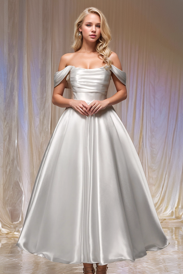 A-Line Off Shoulder Ruched Lace Up Ankle Length Wedding Dress WW1037