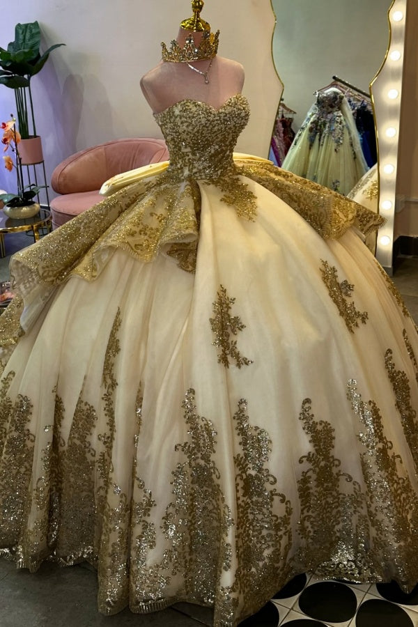 Strapless Sleeveless Gold Appliques Bow Knot Champagne Quinceañera Dresses WQ1419