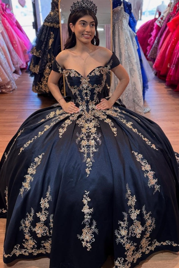 Langes Quinceanera-Kleid mit Herzausschnitt für Damen, trägerloses Korsett mit Blumenapplikationen, Perlenbesetztes Tüll-Ballkleid 