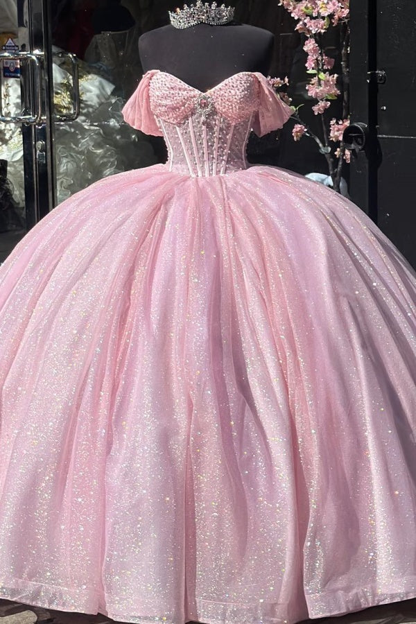 Langes Quinceanera-Kleid mit Herzausschnitt für Damen, trägerloses Korsett mit Blumenapplikationen, Perlenbesetztes Tüll-Ballkleid 